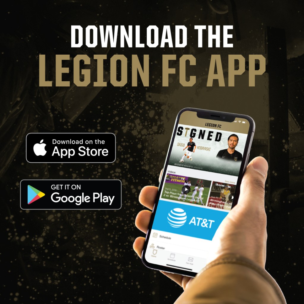 Information that the Legion FC App can be downloaded on the Apple App Store and the Google Play Store 